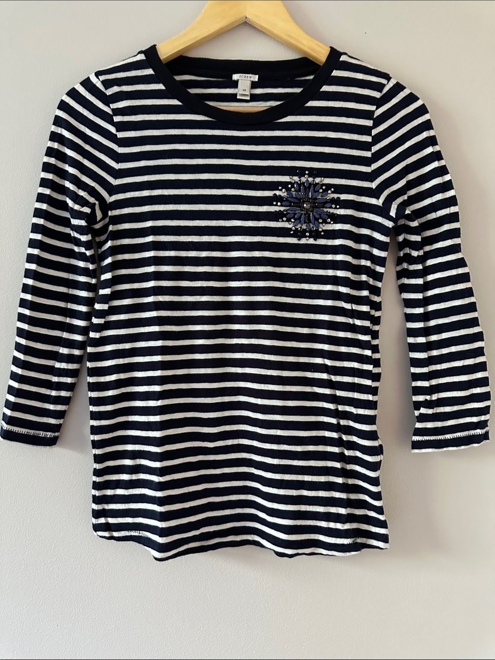 J. Crew Navy and White Striped 3/4 Sleeve Tee with Beaded Starburst - Size XS